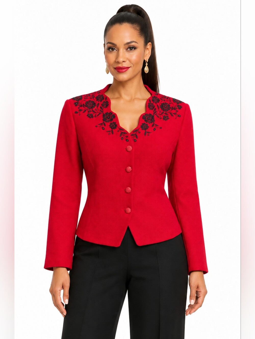 St. John Evening Red Santana Knit Black Floral Embroidered Jacket Size 8